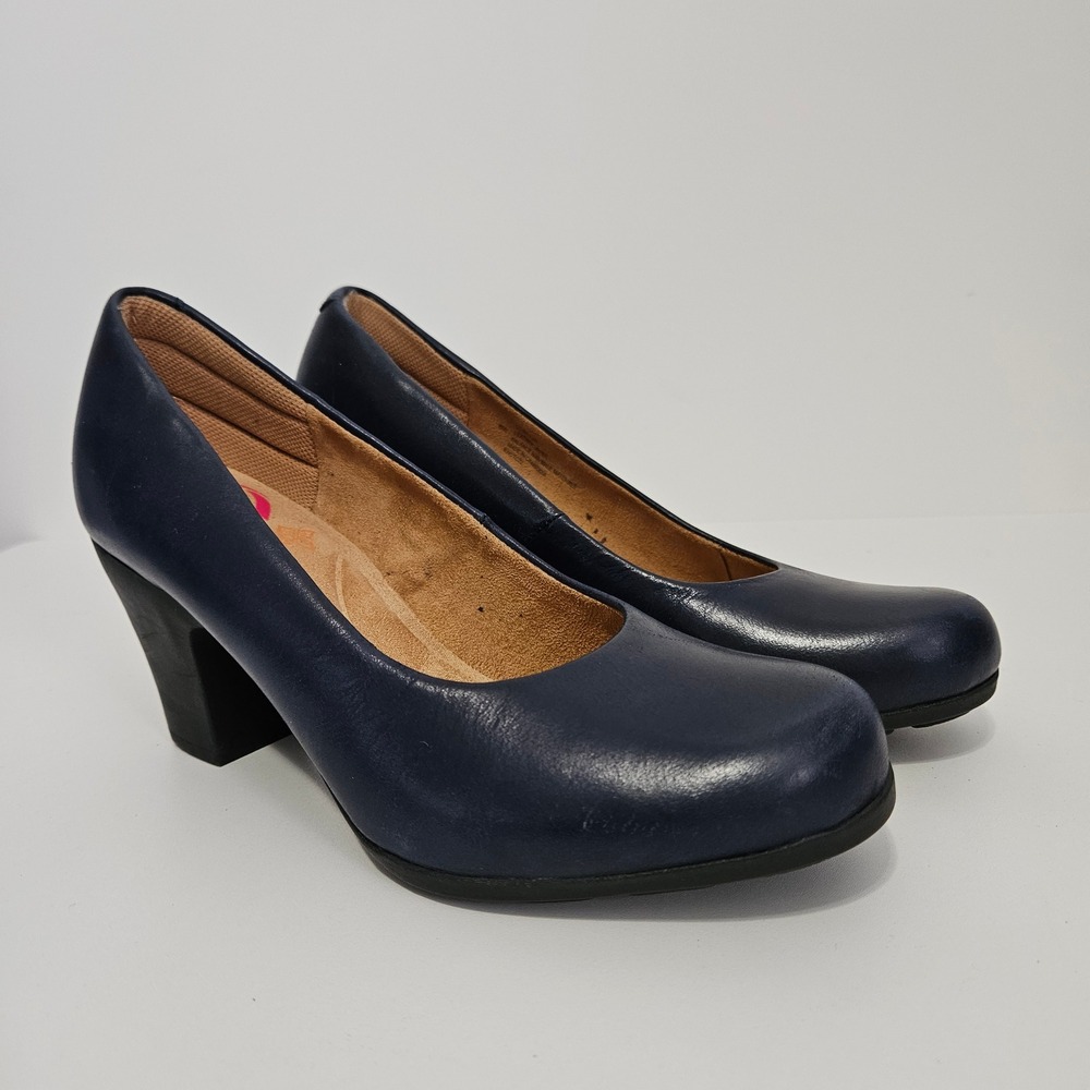Comfortiva Block Heel Pumps Womens 8W Navy Blue Office Leather Memory Foam